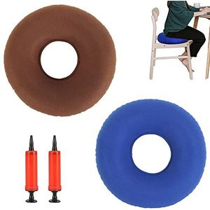 Opblaasbaar orthopedisch zitkussen, rond, donutkussen, opblaasbaar, orthopedisch doorligkussen, zachte zitring met pomp, kussen voor auto's, banken, kantoren en rolstoelen, blauw, bruin, 2 stuks