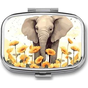 Reispillenorganizer, draagbare pillendoos met 2 compartimenten, olifant en zonnebloempillendoosje met spiegel, kleine pillenhouder, dagelijkse pillencontainer, decoratieve vitamine-organizer