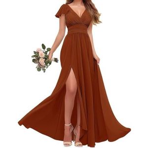 Chiffon bruidsmeisjes jurken met mouw - V-hals Empire taille plooi formele jurk, Verbrand Oranje, 38