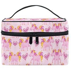 Liefde Paard Roze Dier Cartoon Cosmetische Tas Organizer Rits Make-up Tassen Pouch Toilettas voor Meisje Vrouwen