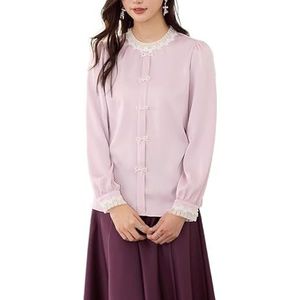 ROUZIHU Stand kraag ruches chiffon shirt knoop losse kantoor blouse lange mouwen vrouwen shirt, Roze, XXL