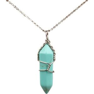 Handmade Jewelry: Wire Wrapped Natural White Turquoises Opal Stone Point Pendant Necklace with Silvery Chains for Women (Color : Blue Turquoise)