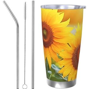 FHEBNDS 20oz beker met deksel en rietje, roestvrij staal geïsoleerde koffiemok, dubbelwandige vacuüm reizen thermische bekers zonnebloem bloemen reismok lekvrije auto beker geschenken