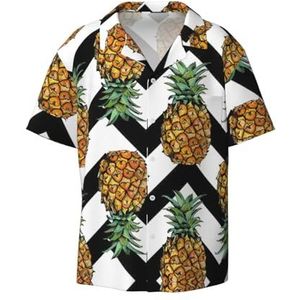 OdDdot Ananas met zwart-wit gestreepte print heren button down shirt korte mouw casual shirt voor mannen zomer business casual overhemd, Zwart, XXL