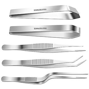 SelfTek Roestvrijstalen Tang en Pincet Set - 5-Delig, 3 Stuks 6,3 Inch, 4,7 Inch Platte en Schuine Visbot Tang - Chef-Kok Kookgerei Met Precisie Gekartelde Tips, Schoonheidsgereedschap