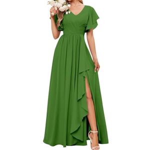 Korte Mouwen Bruidsmeisjesjurken voor Bruiloft Geplooide Chiffon Formele Avondfeest Maxi Jurk met Split AH152, Olijfgroen, 36