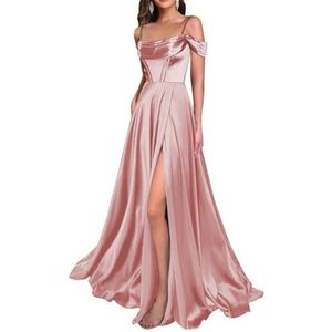 WSEYU Satijn Bruidsmeisjes Jurken Spaghetti Bandjes Galajurken Koude Schouder Formele Avond Feestjurk ZM211, Stoffige Roos, 32