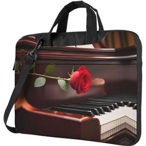 SSIMOO Wild White Daisy Flower Stijlvolle en lichtgewicht laptop messenger tas, handtas, aktetas, perfect voor zakenreizen, Rode Roos op Piano2, 14 inch