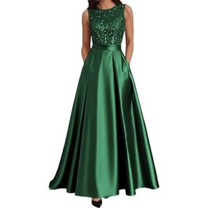 AHERKLL Satijn Moeder van de Bruid Jurken Ronde Hals Pailletten Formele Avond Feest Grootmoeder Jassen met Zakken HAH051, Emerald Groen, 32
