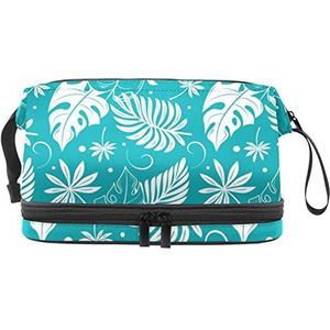 Grote capaciteit reizen cosmetische tas,Tropische bladeren aquarel blauw,Make-up tas,Waterdichte make-up tas organisator, Meerkleurig, 27x15x14 cm/10.6x5.9x5.5 in