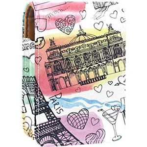Frankrijk Parijs Eiffeltoren Liefde Patroon Lipgloss Houder Lippenstift Case Draagbare Mini Lipstick Opbergdoos Reizen Lipstick Organizer Case met Spiegel voor Vrouwen, Meerkleurig, 9.5x2x7 cm/3.7x0.8x2.7 in
