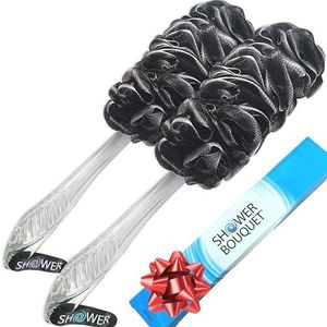 Loofah-Charcoal Back-Scrubbers 2-Pack-by-Shower-Boeket: Badsponsborstels met lange handgreep met extra groot zacht gaas voor dames en heren, exfoliëren met volledige zuivere reiniging in badaccessoires
