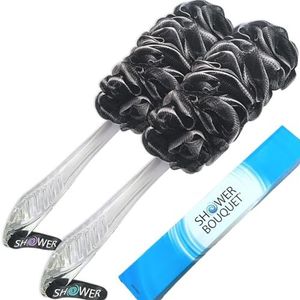 Loofah-Charcoal Back-Scrubbers 2-Pack-by-Shower-Boeket: Badsponsborstels met lange handgreep met extra groot zacht gaas voor dames en heren, exfoliëren met volledige zuivere reiniging in badaccessoires
