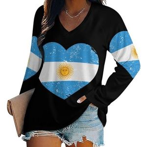 Argentinië Retro Hartvormige Vlag Vrouwen Lange Mouw V-hals T-shirts Herfst Tops Trui Tuniek Tee voor Leggings