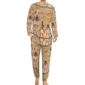 Egyptische hiërogliefen en verhaal comfortabele herenpyjama set ronde hals lange mouwen loungewear met zakken 4XL