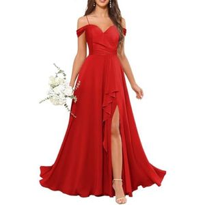 Chiffon bruidsmeisjesjurken voor dames, met split, lange baljurken, cocktailjurken, grote maten, Rood, 32