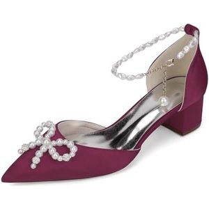 GHSIRUEU Vrouwen Puntige Teen Parelketting Lage Hakken Satijn Bruidspumps met Strik,Burgundy,35 EU
