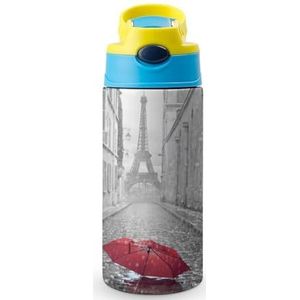 Eiffeltoren en paraplu's 350 ml waterfles met rietje, koffiebeker, waterbeker, roestvrijstalen reismok voor dames en heren, blauwe stijl