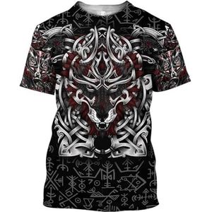 3D-geprint Odin Fenrir T-shirt – Unisex Klassiek Harajuku Nordic Viking Wolf Rune Tattoo Casual Losse Korte Mouw – Zomer Vegvisir Pagan Sports Korte Mouw (Color : Fenrir D, Size : 3XL)