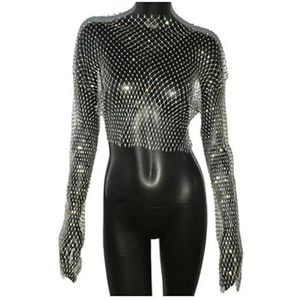 Beach Cover Up Women Mesh See Through T Shirt Shiny Hollow Out Crop Top Long Sleeve Beach Cover Up Tank Tops-Silver-One Size