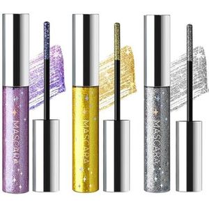 Baorder 3 Kleuren Glitter Mascara Oogschaduw, Verlengende Krullende Volume Mascara, Fonkelende Zilver/Goud/Paarse Diamant Mascara, Waterdichte Kleurrijke Wimpers voor Wimpers Party Stadium Gebruik
