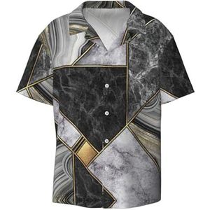 Zwarte Marmeren Textuur Gouden Print Heren Jurk Shirts Atletische Slim Fit Korte Mouw Casual Business Button Down Shirt, Zwart, L