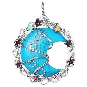 Natuurlijke Edelsteen Kristallen Kettingen Maan Ster Amethist Hanger Ketting Wire Wrap Kristallen Crescent Handgemaakte Quartz Sieraden (Color : BlueTurquoise 2)