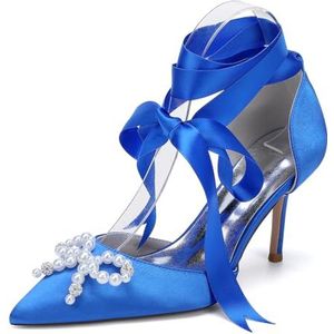 EICOFF Dames Puntige Teen Parel Pumps Satijn Bruids Hoge Hakken Gesloten Teen Trouwschoenen Slip on Enkelband Party Jurk Schoenen,Royal blue,35 EU