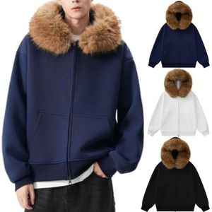GAGFDA Heren Zip Up Hoodies Casual Sweatshirts Jas met Faux Bont Kraag, Heren Vintage Lange Mouw Effen Kleur Volledige Zip Hooded Jas Jas met Zakken, Donkerblauw, XL