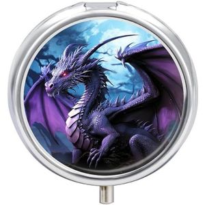 Paarse Draak Paarse Maan Ronde Pillendoos 3 Compartiment Geneeskunde Pil Organizer met Spiegel Reizen Kleine Pil Case Leuke Vitamine Organizer Draagbare Dagelijkse Pil Container voor Pocket Purse