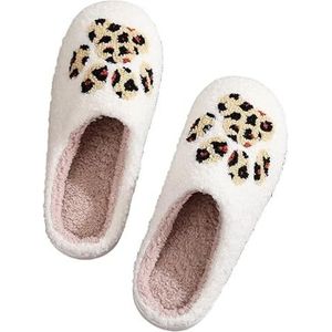 JadeRich Pluche pantoffels voor dames, met schattige kattenpoot, wollige luipaardprint, winter, warm, antislip, huisschoenen, Luipaard, 8/9 UK