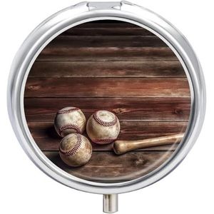Honkbal op houten pillendoos, ronde pillendoos met 3 vakken, met spiegel, metalen pillenorganizer, reispillendoos, mini-medicijnopbergdoos voor zakportemonnee