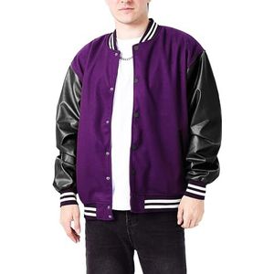 A&M Express Casual Varsity Baseball Bomberjack voor heren, uniseks, collage van wol en leer, Letterman-jas, Paars., S