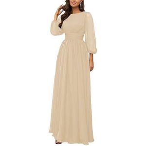 KURFACE Bruidsmeisjesjurken met lange mouwen, geplooide ronde hals, chiffon, bruidsmeisje, formele avondjurk, Champagne, 32