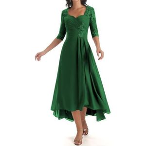 KIYNE Damesjurk, lange jurk voor moeder van de bruid met mouwen, geplooide kanten applicatie, V-hals, formele avondjurk, Emerald Groen, 32