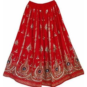 Red Indian Boho Hippie Zigeuner Sequin Zomerzomerjurk Maxi Rok Rood, rood, M