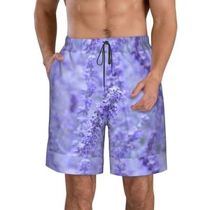 PHTZEZFC Paarse lavendelkleurige bloemenprint strandshorts voor heren, zomershorts met sneldrogende technologie, lichtgewicht en casual, Wit, M