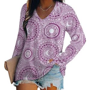 Lila Mandala Stars And Moons vrouwen Casual Lange Mouw T-shirts V-hals Gedrukt Grafische Blouses Tee Tops 2XL