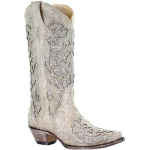 Lmtossey Retro diamant holle bloem westerse cowboy laarzen puntige teen hoge hak rijder laarzen grote vrouwen laarzen, Wit, 47 EU