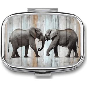 Olifant op hout pillenetui met 2 compartimenten, pillenorganizer, draagbare vierkante pillendoos, vitaminepillenorganizer voor zakportemonnee en reizen