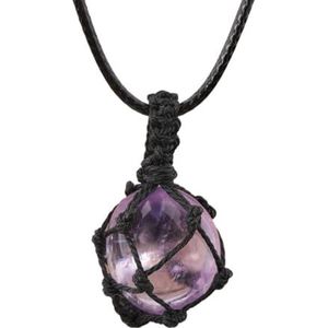 Crystal Tumbled Stone Pendant Necklace For Women Knotted Net Bag Leather Necklace Yoga Meditation Jewelry Gifts (Color : Light Amethyst)