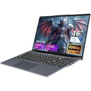 Notebook 16 inch, Core i5-8210Y CPU, Win 11 notebook 16 GB RAM 512 GB SSD, laptop toetsenbord met achtergrondverlichting, 1920 x 1080 IPS Full HD scherm, (mini-HDMI + USB 3.0 + Type-C + Webcan + WIFI5