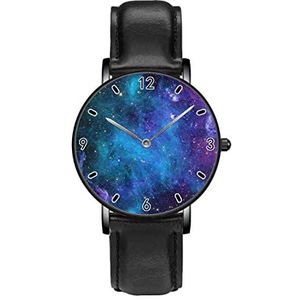 Ruimte Universum Galaxy Blauw Paars Sterren Licht Klassieke Patroon Horloges Persoonlijkheid Business Casual Horloges Mannen Vrouwen Quartz Analoge Horloges, Zwart