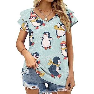 Leuke pinguïns dames casual tuniek tops ruches korte mouwen T-shirts V-hals blouse T-shirt