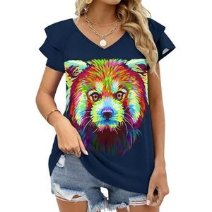 Rode Panda Grafische Kleur Portret Grafische Blouse Top Voor Vrouwen V-hals Tuniek Top Korte Mouw Volant T-shirt Grappig