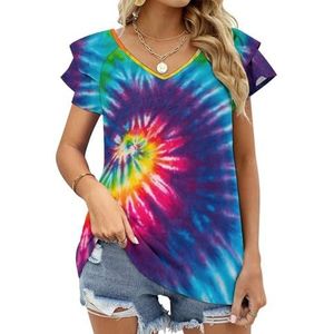 Tie Dye Grafische Blouse Top Voor Vrouwen V-hals Tuniek Top Korte Mouw Volant T-shirt Grappig