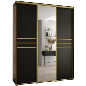 MEBLE KRYSPOL Davos 11 200 Kledingkast met drie schuifdeuren voor slaapkamer - Moderne Kledingkast met spiegel, kledingroede en planken - 235,2x200x45 cm - Zwart Zwart Goud