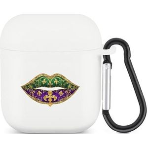 Mardi Paars Groene Lippen Fleur-De-Lis Gras Leuke Case voor AirPods 2&1 Schokbestendige Beschermende Hoofdtelefoon Gevallen Cover Met Sleutelhanger voor Mannen Vrouwen