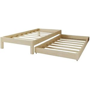 Profiwood Kinderbed met Uitschuifbaar Bed - Eenpersoonsbed met Tweede Slaapruimte - Functioneel Bed, Jeugdbed, Huisbed voor Jongens en Meisjes - Natuurlijk Hout, Grenenhout - 90x190cm