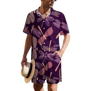 Paarse Dragonfly Hawaiiaanse pak voor heren, set van 2 stuks, strandoutfit, shirt en korte broek, bijpassende set